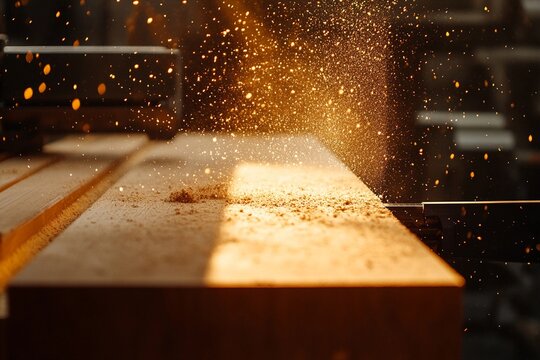 Worker using table saw to slice thick wood