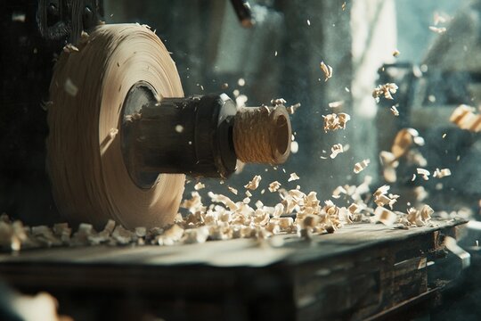 Worker using lathe machine to carve wood