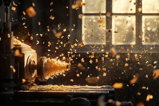 Worker shaping wooden piece on lathe machine - Powered by Adobe