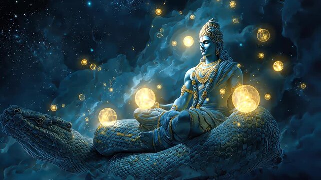 A digital painting of lord vishnu resting on the serpent ananta shesha in the cosmic ocean, with glowing orbs around him, fantasy lighting, deep space background