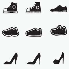  Shoes icons set. Vector illustration. Black and white silhouette