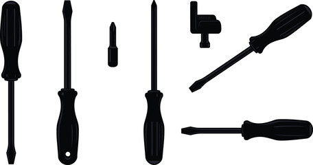 Screwdriver vector illustration, hand tool icon, Phillips head, flathead screwdriver, repair equipment, DIY tool, mechanical element, industrial component, engineering design, silhouette