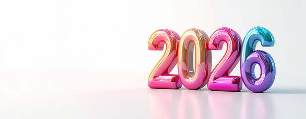 Three-dimensional 3D cartoon illustration, colorful, bright numbers 2026 on a white background with reflection. Greeting card, mockup, banner, header. New Year, Christmas concept. Template copy space
