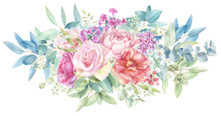 Pink rose bouquet, watercolor border, wedding frames, eucalyptus