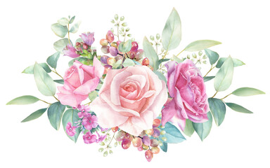 Pink rose bouquet, watercolor border, wedding frames, eucalyptus