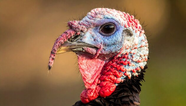 A close-up portrait showcasing the distinctive head of a wild turkey. Its skin exhibits vibrant blue, red, and white hues with a pronounced snood