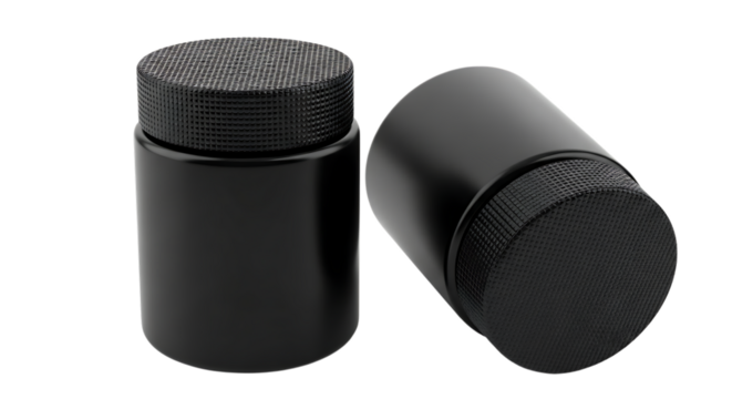 Two black cylindrical objects with textured tops isolated on transparent background