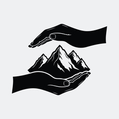 Silhouette hands holding mountains landscape nature conservation vector illustration