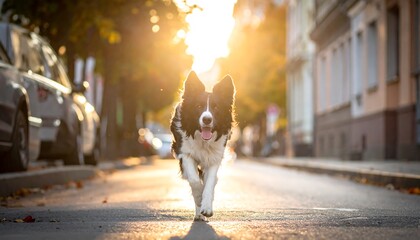 A black and white canine sprints towards the viewer on a sunlit street. Buildings and parked cars line the road, creating a sense of urban joy