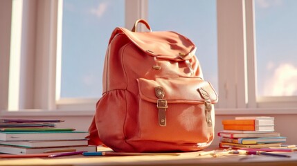 Bright orange backpack on a study table surrounded by colorful school supplies in a well-lit room