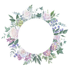 Fototapeta premium Watercolor white rose wedding wreath, floral PNG frame, engagement invitation graphics, lavender flowers, artichoke 