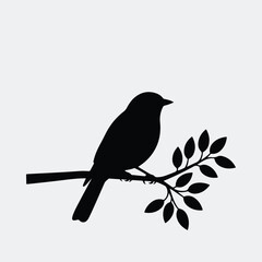 Silhouette songbird perched on a branch with leaves vector illustration