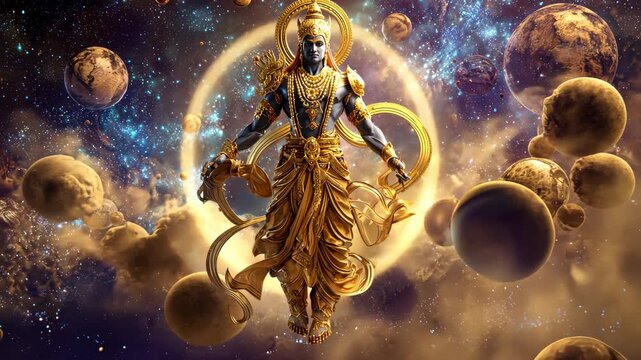 Lord vishnu floating above the universe, wearing golden armor, surrounded by planets and stars, digital fantasy concept art