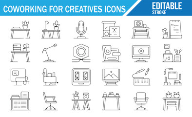 Coworking Space Setup Icons – Collection of Creative Furniture and Tools for Designers and Artists