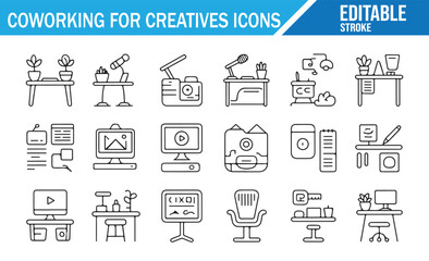 Coworking Space Icons Set for Creatives – Furniture, Technology, and Collaboration Tools