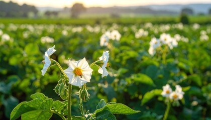 Potato Field Blossoms in Sunlight.
