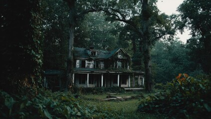 Decaying two-story house engulfed by trees, with porch and overgrown vegetation