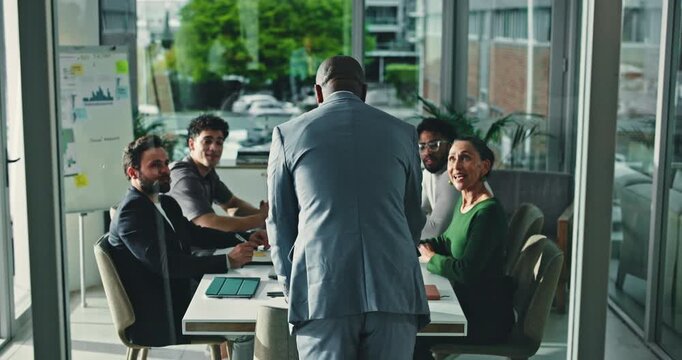 Walking, start or people in office with manager, support and feedback for business goals. Brainstorming, team or data analyst in boardroom with stats, collaboration or entry for strategy session.