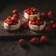 Three delicious cheesecake slices topped with fresh strawberries on a dark wooden board
