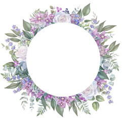 Watercolor white rose wedding wreath, floral PNG frame, engagement invitation graphics, lavender flowers, artichoke 