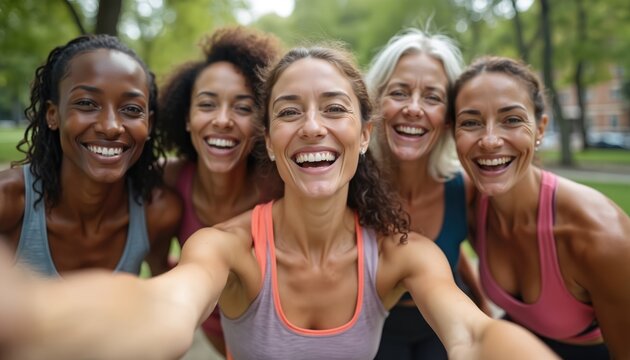 Multiracial women take selfie after yoga. Diverse group of happy women smile at camera. Mature, young women together in park. Female friends enjoy fitness, nature. Women with different skin tones,