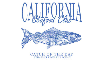 Fish hand sketch graphic print design for t shirt print, poster, sticker, background and other uses. California seafood restaurant artwork.