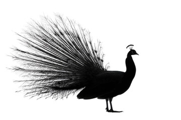 Fototapeta premium A majestic dark silhouette of a peacock with its elaborate tail fanned out against a solid transparent background, showcasing its intricate plumage detail. background removed