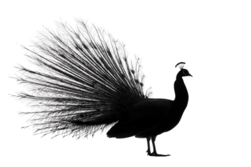A majestic dark silhouette of a peacock with its elaborate tail fanned out against a solid transparent background, showcasing its intricate plumage detail. background removed