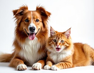 A red Border Collie dog and ginger cat pose together in studio. The animals express companionship and joy on white background. This animal photo shows friendship between pets.