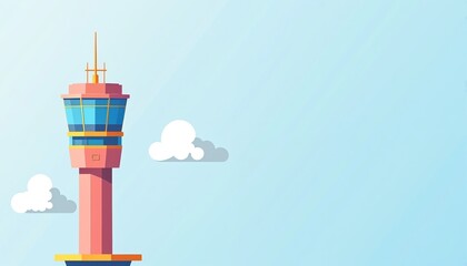Airport control tower illustration shows air traffic management. Building monitors flight operations in sky. Modern aviation graphic for transport themes.