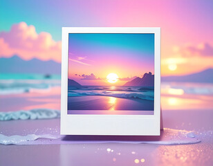 A vibrant polaroid photo of a breathtaking sunset over a tranquil ocean, with pastel-colored clouds reflecting on the wet sand.