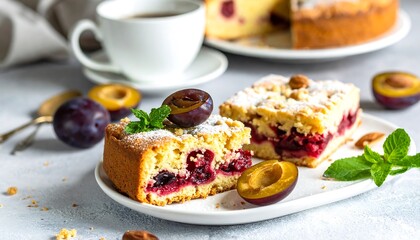 A close-up image of a slice of cake with plums and a cup of coffee on a neutral surface, surrounded by ingredients