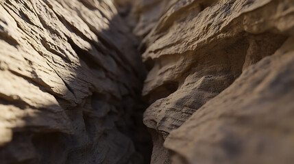 Deep rock crevice, layered texture, sunlight filtering through. Earthy, rugged, and dramatic. A geological marvel.