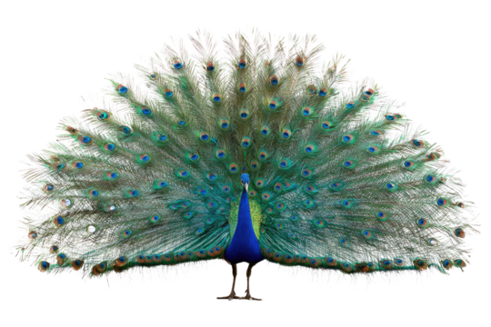 A stunning male peacock displays its iridescent, fanned tail feathers, showcasing beautiful blue and green 'eyespot' patterns against a transparent background. background removed