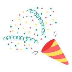 Party popper with confetti and streamers hand drawn illustration, isolated vector on transparent. Flat design. Birthday celebration, festival, carnival, party, anniversary clip art, element