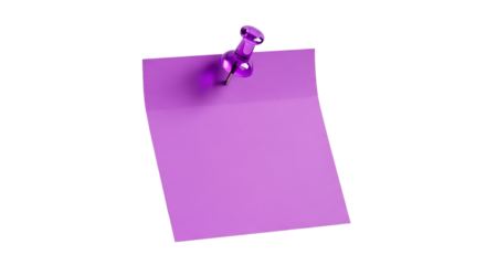 Purple sticky note with a thumbtack isolated on transparent background