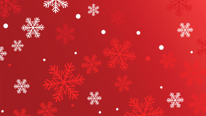 Vibrant red gradient background with scattering white and red snowflakes vector graphic.