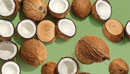 Fresh Coconuts on a Green Surface.