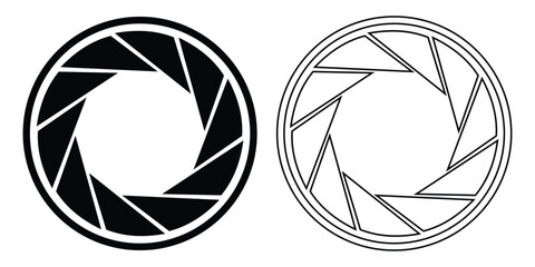 Camera objective icons. Lens aperture, camera lens diaphragm, camera shutter lens sign concept isolated on white background. Fill and outline symbol. Vector illustration.