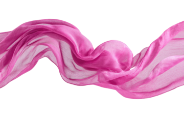A vibrant pink sheer fabric elegantly drapes and flows in soft waves against a stark transparent background, creating a dynamic, delicate movement. background removed