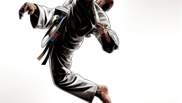 Athlete in martial arts uniform mid-air, performing a dynamic kick against a white backdrop