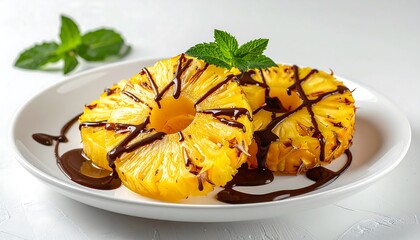 Delicious Caramelized Pineapple Rings Drizzled with Chocolate.