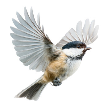 A black-capped chickadee in dynamic flight, wings fully spread, captured against a clean, isolated transparent background, showcasing its elegant plumage. background removed
