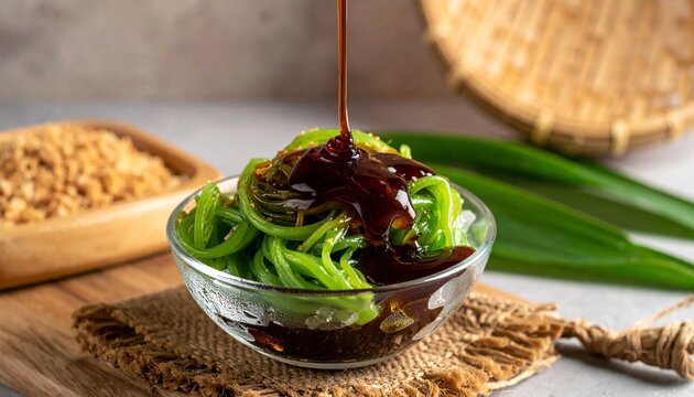 Sweet green cendol dessert with palm sugar syrup being poured, served in a glass bowl with pandan leaves and brown sugar in the background.