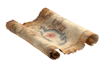 Aged parchment treasure map with curled edges, illustrated blue coastline and bold red X marking the spot, subtle compass rose and diagonal layout, isolated on transparent background.