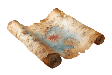 Aged parchment treasure map with curled edges, illustrated blue coastline and bold red X marking the spot, subtle compass rose and diagonal layout, isolated on transparent background.
