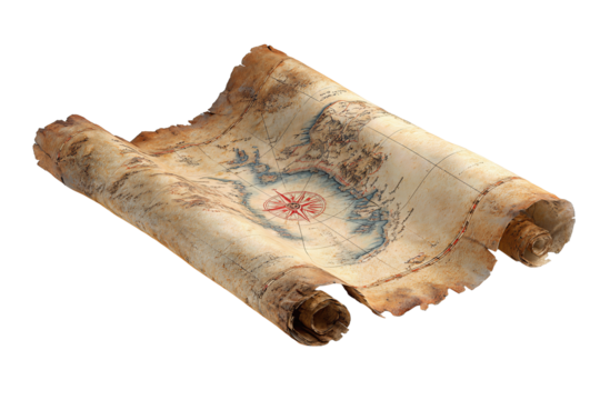 Aged parchment treasure map with curled edges, illustrated blue coastline and bold red X marking the spot, subtle compass rose and diagonal layout, isolated on transparent background.
