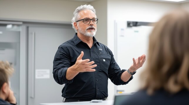 Mature Businessman Giving a Presentation to an Audience in a Modern Office Setting, Explaining a Concept with Hand Gestures, Wearing Glasses and a Black Shirt
