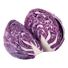 Obraz premium Two halves of vibrant red cabbage, cut open to reveal their beautiful purple and white layered interior, against a dark background. background removed