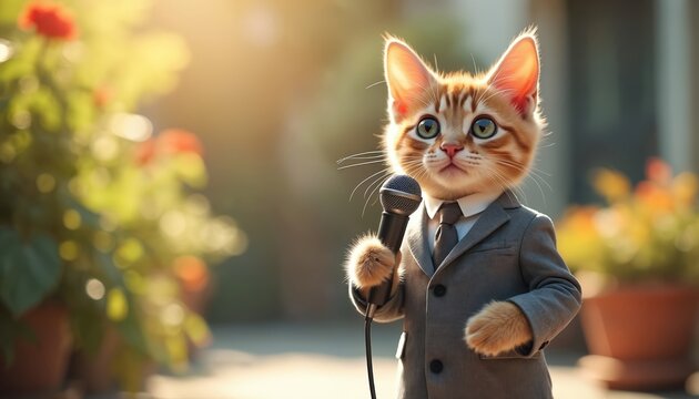 A charming ginger cat wearing suit holds microphone. The animal stands outdoors with blurred background. The feline seems ready to speak to an audience. Funny character photo of a cat journalist.